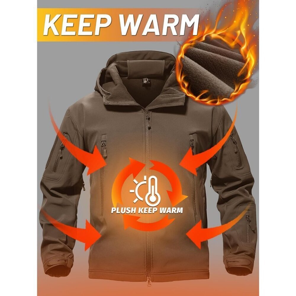 Men's  #12-coffee Tactical Soft Shell Winter Jacket with Fleece Lining & Hood - Picture 3 of 6